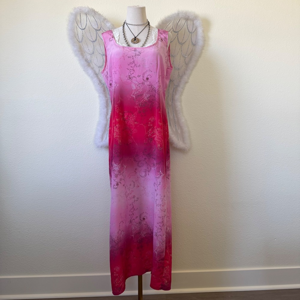 Pink Ombre Floral Sleeveless Maxi Dress Y2K Vintage XL‎ Bright Girly Grunge